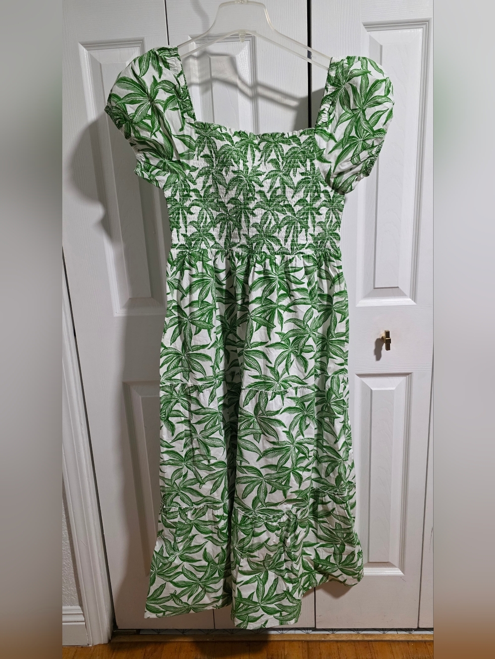 Green Leaf Print Smocked Sundress